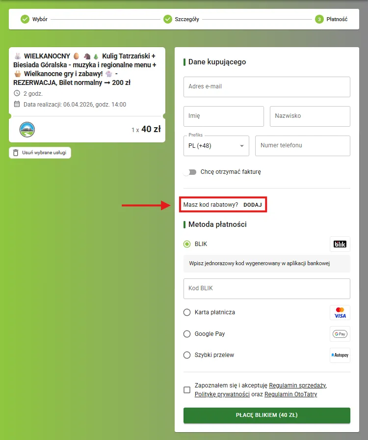 Gdzie znajdziesz pole na wpisanie kodu rabatowego?